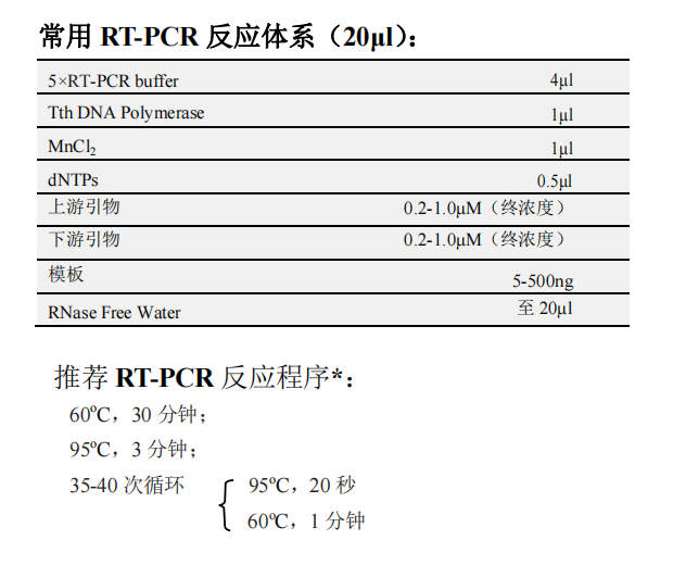 Tth DNA聚合酶(with dNTP) 常用RT-PCR反應(yīng)體系（20μL）以及推薦RT-PCR反應(yīng)程序*