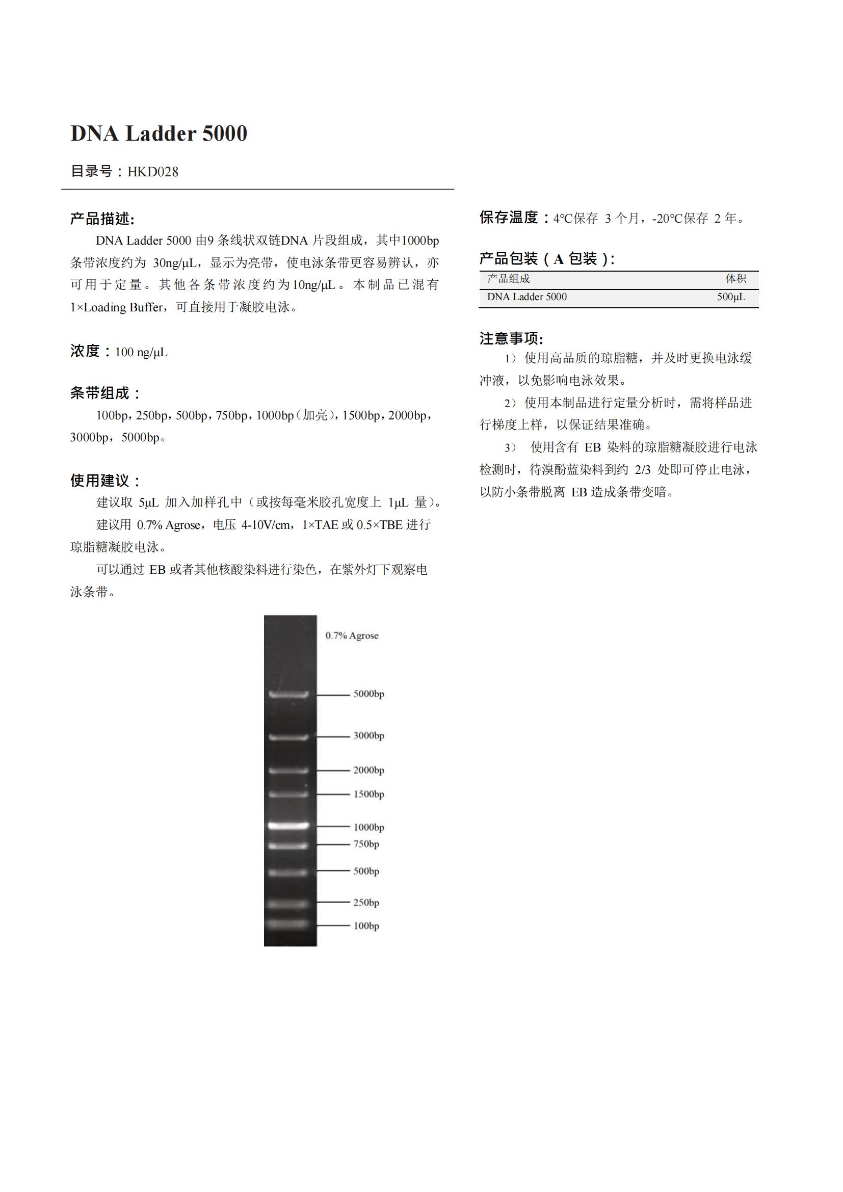 DNA Ladder 5000（DNA 標記）產(chǎn)品說明