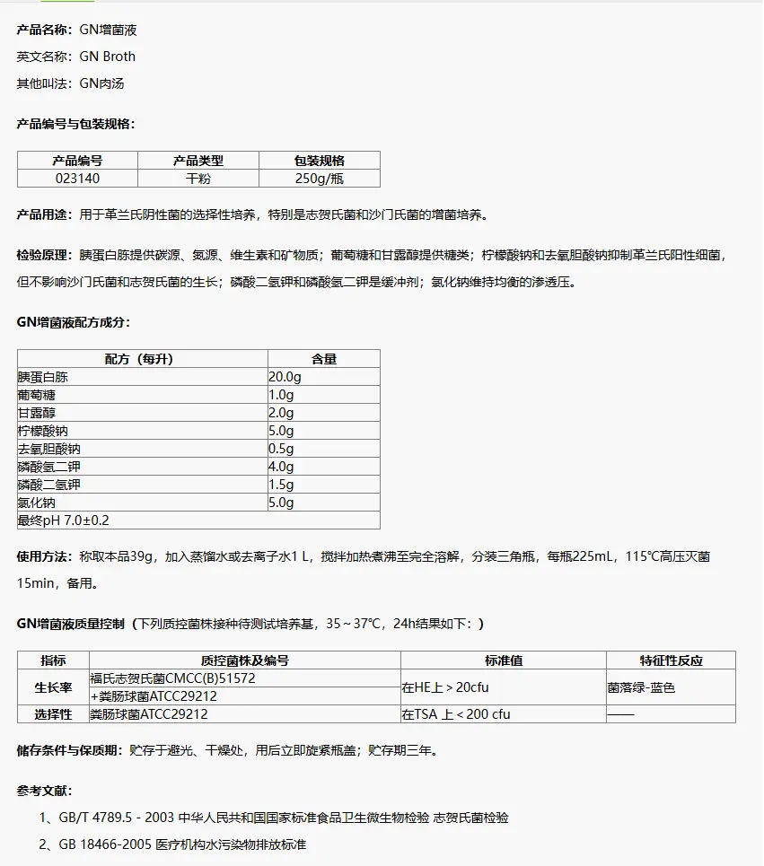 023140 GN增菌液(GB4789.5志賀氏菌檢驗(yàn)) 250g/瓶