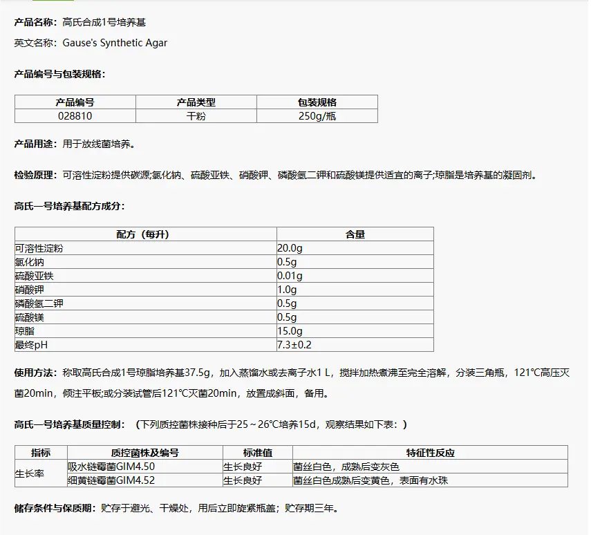 028810 高氏合成1號培養(yǎng)基 250g/瓶